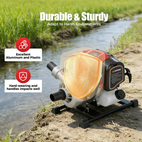 High Flow Gas Water Pump For Garden And Farm 1.6HP 4 Stroke Trash Pump 66 GPM 92 Ft Lift 23 Ft Suction 8 Hour Runtime in field