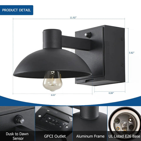 Dusk To Dawn Outdoor Wall Sconce With GFCI Outlet No Fuss Black Exterior Barn Light Fixtures Rustic Farmhouse Porch Lantern
