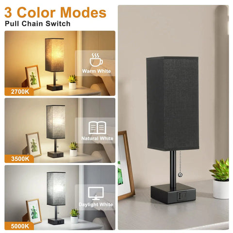 Black Bedside Table Lamp With USB C And USB A Ports, 3 Brightness Levels, 3 Color Temperatures, Pull Chain Control, LED Bulb Included