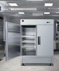 Heavy Duty Commercial Reach In Freezer, Two Door Stainless Steel Bottom Mount Upright Unit, Restaurant Kitchen Bar Grade Cold Storage with shelves.