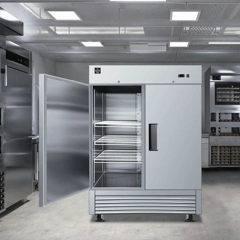 Heavy Duty Commercial Reach In Freezer, Two Door Stainless Steel Bottom Mount Upright Unit, Restaurant Kitchen Bar Grade Cold Storage with shelves.