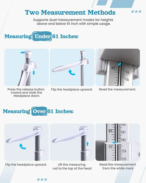 Wall Mounted Height Gauge For Home Or Clinic, Aluminum Stadiometer With 10 To 225 Cm Range showing two measurement methods.