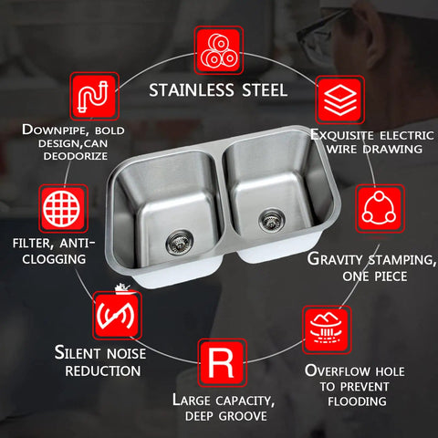 Craftsmen Series 33 Inch Equal Double Bowls Kitchen Sink With 9 Inch Deep Basins Brushed Matte Finish 18 Gauge 304 Stainless Steel Sound Dampening Padding And Condensation Absorbent Coating Built Tough For Everyday Kitchen Use with design features.