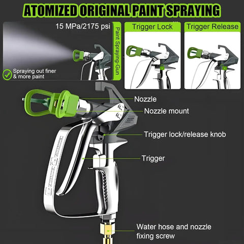 Cordless Airless Paint Sprayer With Roomy 1.7 Liter Tank Wireless Spray Gun for detailed nozzle and trigger features.