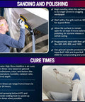Person sanding and polishing with Clear Hi Gloss Gelcoat Additive For Pro Grade Air Cure Finish instructions displayed.