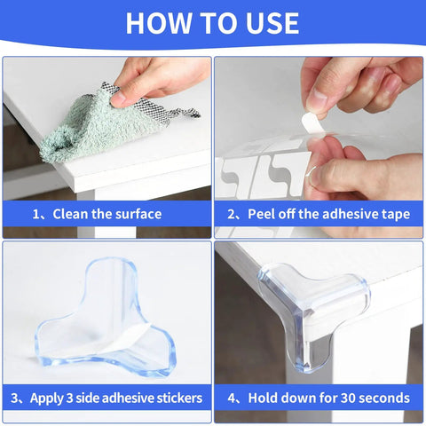 How to use Clear Baby Proofing Corner Shields For Cozy Home Spaces with step-by-step instructions and adhesive application.