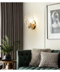 Crystal Wall Lights Living Room Bedroom Lamp Sconces Lighting - Shell Copper Light Fixture Corridor Decoration T-155 on wall above green sofa.
