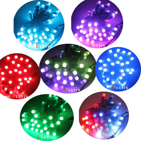 Digital Addressable WS2811 LED String Lights Waterproof RGB Full Color 12mm Outdoor 500pcs Lit Garden Christmas Signage Backlighting Pathway And Cove Lighting displayed in various colors.