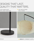 Arc Floor Lamp With 80 Inch Reach, Black Base, Oval Off White Paper Shade, detail of metal body and paper shade design.