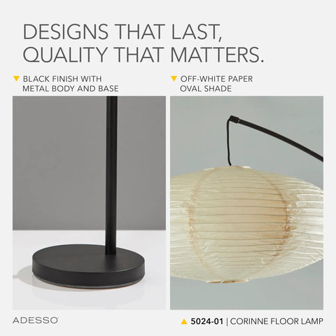 Arc Floor Lamp With 80 Inch Reach, Black Base, Oval Off White Paper Shade, detail of metal body and paper shade design.
