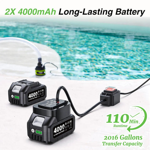 Cordless Submersible Water Pump With Brushless Motor Handy Battery Powered Sump Pump Kit Includes 2x4000mAh Batteries And Hose