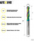 Front view of WEXWE extra-long ball-nose carbide end mill, 1/4 in shank, DLC coating for aluminum and wood CNC carving.