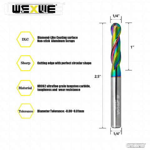 Front view of WEXWE extra-long ball-nose carbide end mill, 1/4 in shank, DLC coating for aluminum and wood CNC carving.