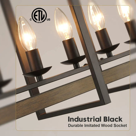 Close-up of Rustic Farmhouse Chandelier For Dining Room Six Light Wood Pendant Light For Kitchen Island Over Table Classic Rustic Wood Ceiling Fixture With Warm Ambience And Durable Construction showing industrial black sockets