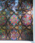 Colorful Lancaster Stained Glass Window Privacy Film With Static Cling Two Way Day And Night UV Blocking 95 Percent Removable Decorative Vinyl Covering For Home Doors And Bathrooms 26.5 X 59 Inches installed on window