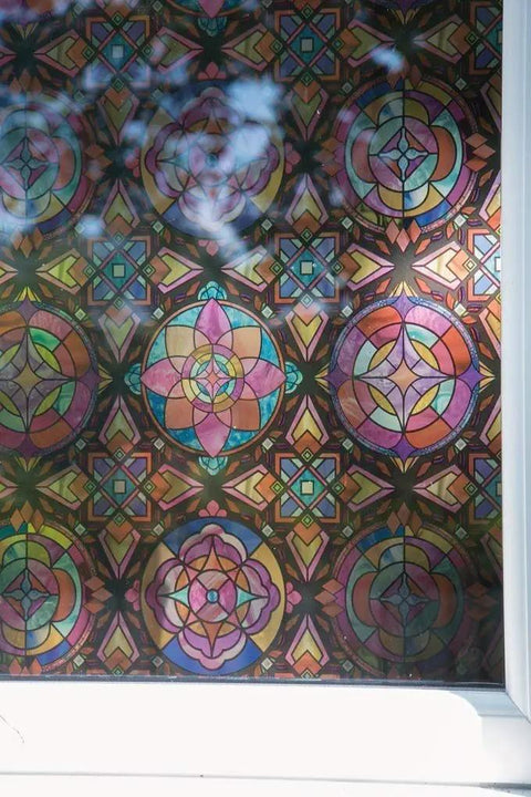 Colorful Lancaster Stained Glass Window Privacy Film With Static Cling Two Way Day And Night UV Blocking 95 Percent Removable Decorative Vinyl Covering For Home Doors And Bathrooms 26.5 X 59 Inches installed on window