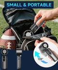 Person placing Portable Handheld Turbo Fan With 1 To 100 Gear Wind And All Day Battery Power into a backpack next to football