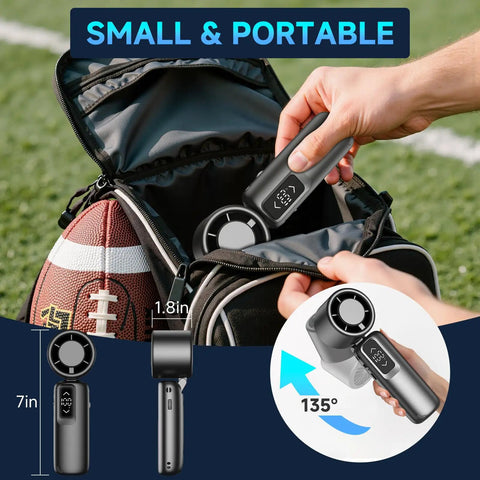 Person placing Portable Handheld Turbo Fan With 1 To 100 Gear Wind And All Day Battery Power into a backpack next to football