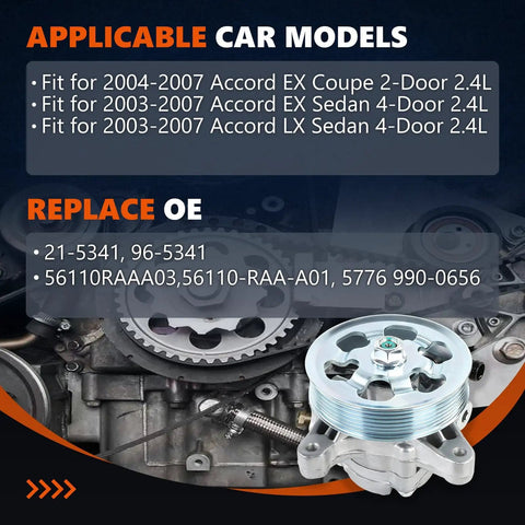 Power Steering Pump 21-5341 Replacement For Honda Accord 2003-2007 LX EX 2.4L models shown with compatible engine parts