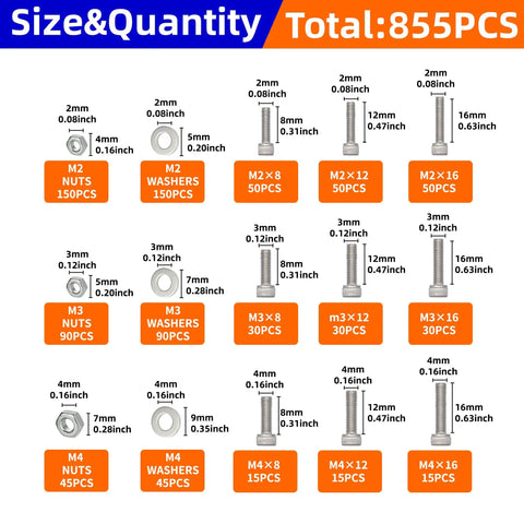 855 Piece Stainless Steel Machine Screws Nuts And Bolts Assortment Kit With Case For DIY Projects M2 M3 M4 Socket Head Cap Screws Washers And Nuts 304 Stainless Steel Rust Resistant Hardware Built For Quick Easy Builds, with size and quantity details shown.