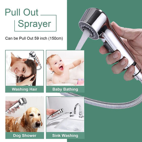 Three Hole Widespread Bathroom Faucet With Pull Out Shower Head demonstrating use for hair washing, baby bathing, dog shower, and sink washing