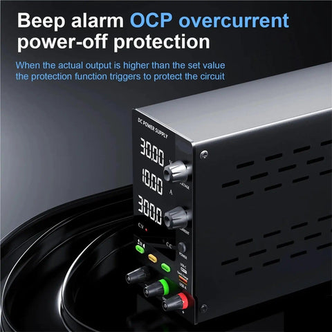 Adjustable 0 To 30V 0 To 10A DC Power Supply with Dual Display showing voltage and current levels, featuring OCP protection.