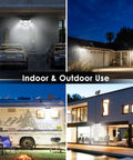 Collage of Solar Motion Sensor Flood Lights Outdoor 2 Pack illuminating houses and a camper at night, showcasing versatile uses