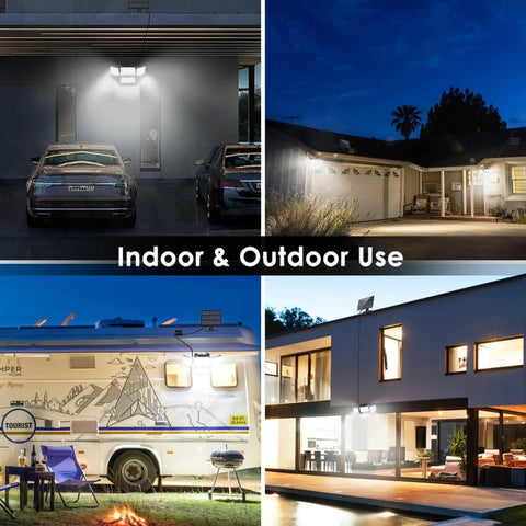 Collage of Solar Motion Sensor Flood Lights Outdoor 2 Pack illuminating houses and a camper at night, showcasing versatile uses