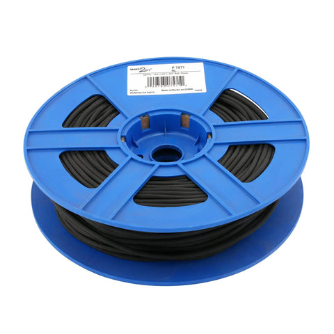 Black Window Screen Spline Roll 0.165 Inch Diameter, 250 Foot Length on blue spool, shows UV stabilized vinyl, serrated design