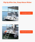 Flip-Up Dock Ladder 4-Step Heavy-Duty Aluminum Swim Ladder For Boats And Pontoons 350 Lb Capacity Non-Slip Wide Steps Pull Rope Assist Perfect For Lake Pool And Marine Boarding, shown flipped up on a pontoon dock