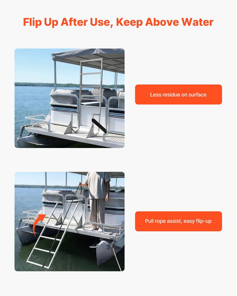 Flip-Up Dock Ladder 4-Step Heavy-Duty Aluminum Swim Ladder For Boats And Pontoons 350 Lb Capacity Non-Slip Wide Steps Pull Rope Assist Perfect For Lake Pool And Marine Boarding, shown flipped up on a pontoon dock