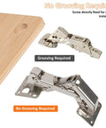 Six Inch Hidden Cabinet Hinges With Adjustable Opening Angle For Corner Cabinets Trap Doors And Lazy Susans Easy Install No Pre Drilling Includes All Screws For Quick DIY Upgrade shown with no grooving required installation diagram.