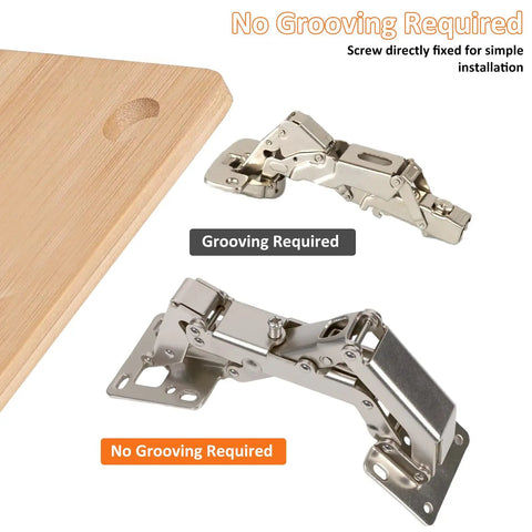 Six Inch Hidden Cabinet Hinges With Adjustable Opening Angle For Corner Cabinets Trap Doors And Lazy Susans Easy Install No Pre Drilling Includes All Screws For Quick DIY Upgrade shown with no grooving required installation diagram.