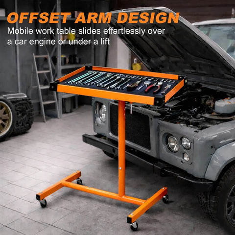 Rock Solid Portable Rolling Work Table With Adjustable Telescoping Post 37.7 To 45 Inches, Tool Tray On Wheels