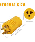 No Sweat Setup Nema L14 30P To 5 15 And 6 15 Generator Adapter Plug With 4 Prong Locking Male Connector showing dimensions and yellow design.