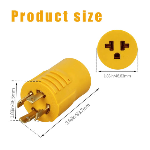 No Sweat Setup Nema L14 30P To 5 15 And 6 15 Generator Adapter Plug With 4 Prong Locking Male Connector showing dimensions and yellow design.