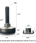 Diagram showing 3/8-16 Threaded Leveling Feet with dimensions, black base, and T-nut for heavy-duty tables and furniture.