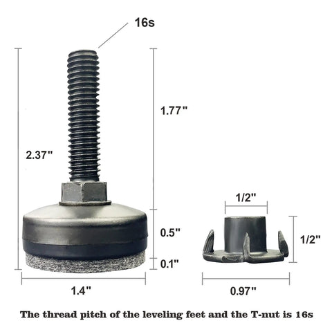 Diagram showing 3/8-16 Threaded Leveling Feet with dimensions, black base, and T-nut for heavy-duty tables and furniture.