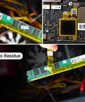 Close-up of electronic circuit board installation with no residue feature.