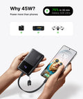 Throw This Compact 10000 Mah Power Bank In Your Pocket For Immediate Relief Packs 45W Usb C Pd Fast Charge For Phones Consoles And Laptops charging a smartphone.