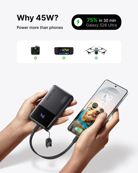 Throw This Compact 10000 Mah Power Bank In Your Pocket For Immediate Relief Packs 45W Usb C Pd Fast Charge For Phones Consoles And Laptops charging a smartphone.