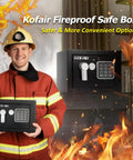 Firefighter holding Kofair fireproof safe box with digital keypad amidst flames, showcasing safety and security features.