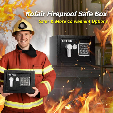 Firefighter holding Kofair fireproof safe box with digital keypad amidst flames, showcasing safety and security features.