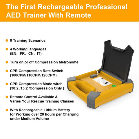AED training device XFT-120GA in orange with open lid and console controls