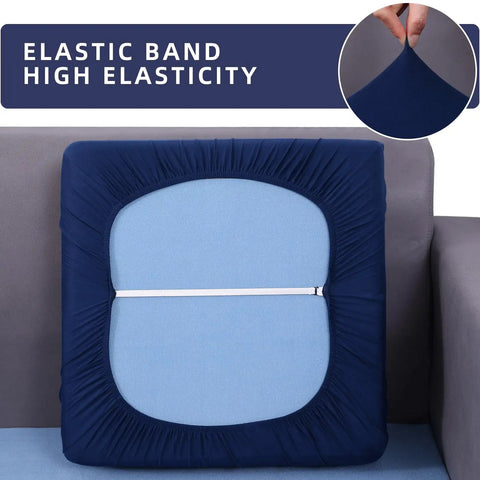 Waterproof Cushion Covers Stretch Sofa Slipcover For Dog Hair Stains Spills Washable Non Slip TPU Lined Outdoor Patio Furniture Replacement Navy 1 Piece Small showing elastic band detail.