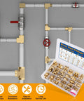 Front view of a white PVC pipe system with brass fittings; 96-piece kit including adapters, elbows, tees, and couplings; case included