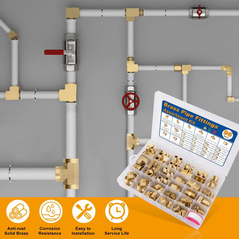 Front view of a white PVC pipe system with brass fittings; 96-piece kit including adapters, elbows, tees, and couplings; case included