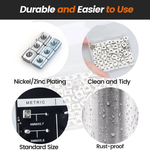 Nickel Plated M6 Sliding T Nuts For 2020 2040 2060 Aluminum Extrusion Profiles, corrosion-resistant features and packaging.