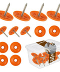No Fuss Plastic Cap Nails Paired With Heavy Duty Electro Galvanized Ring Shank Fasteners And Resilient Orange Waterproof Washers For Fast Tar Paper And Roof Deck Work with orange caps and nails in a clear container.