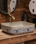 USZWBY Vessel Sinks Bathroom Vessel Sink Art Countertop Basin Chinese Style Ceramic Washbasin with Faucet Combination Bathroom Bowl Sink on wooden countertop.